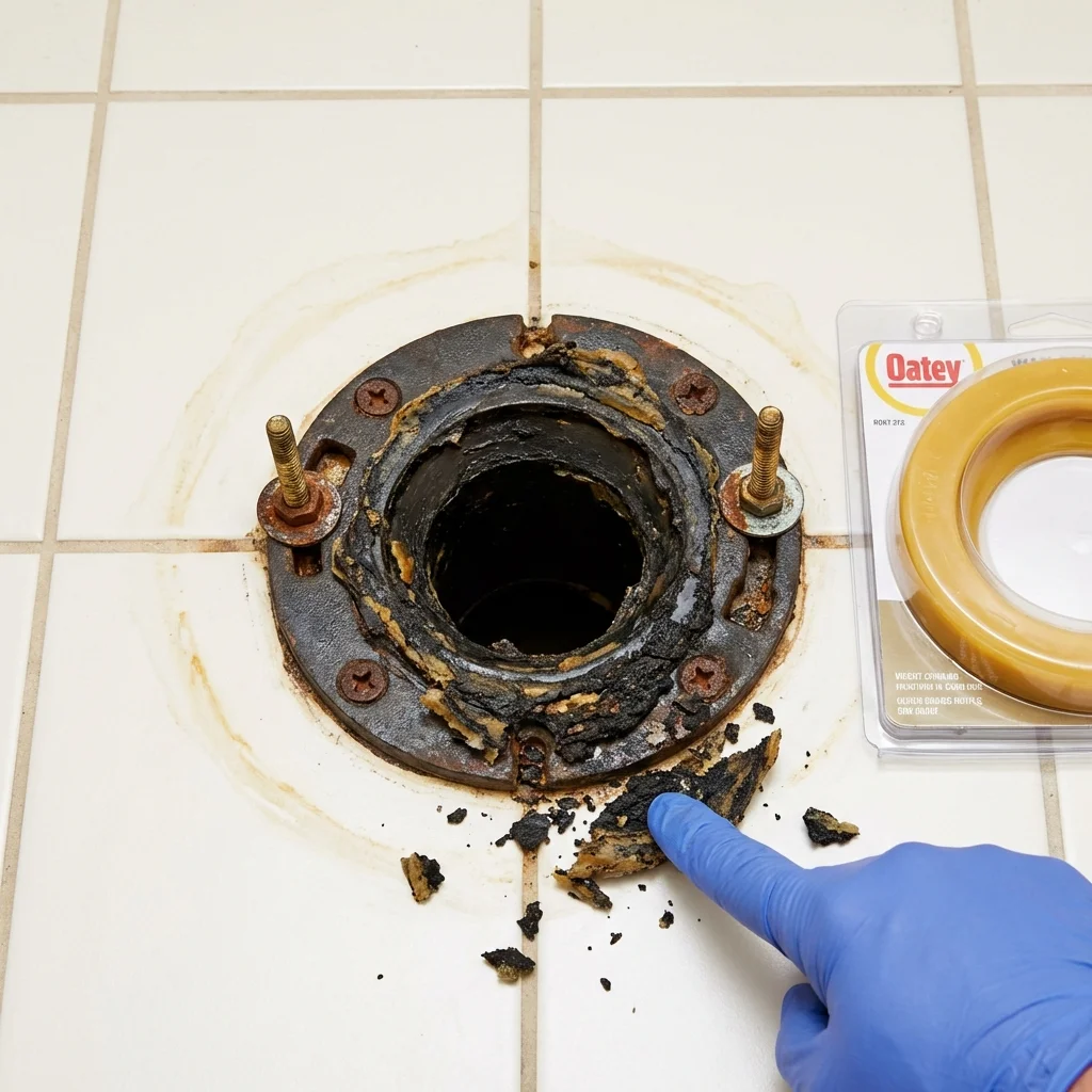 Failed wax ring showing water seepage at the base of a toilet in a Ashland, NH home