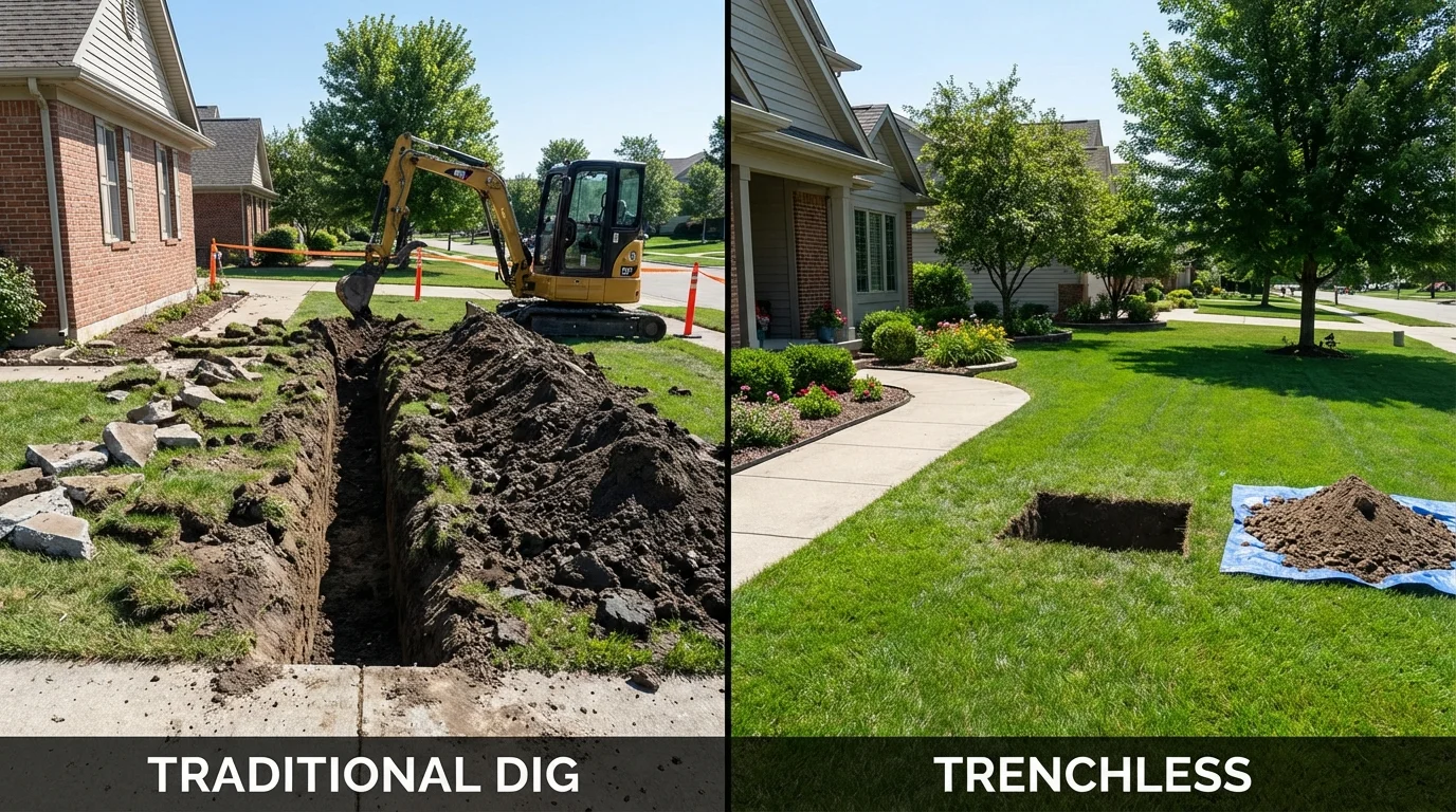 Trenchless sewer repair with minimal yard damage versus traditional excavation in Ashland, NH