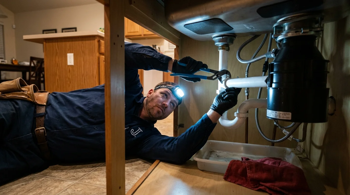 P-trap and supply line connections under a kitchen sink showing a common leak point in Ashland, NH